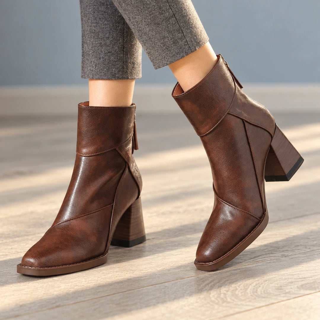 Sharon Paneled Leather Look Square Toe Booties - Espresso