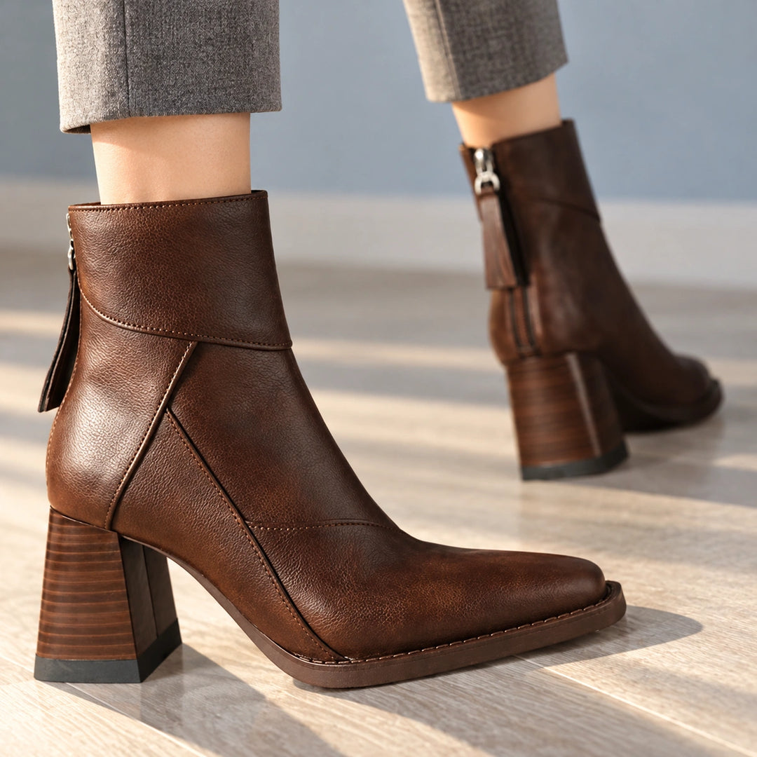 Sharon Paneled Leather Look Square Toe Booties - Espresso