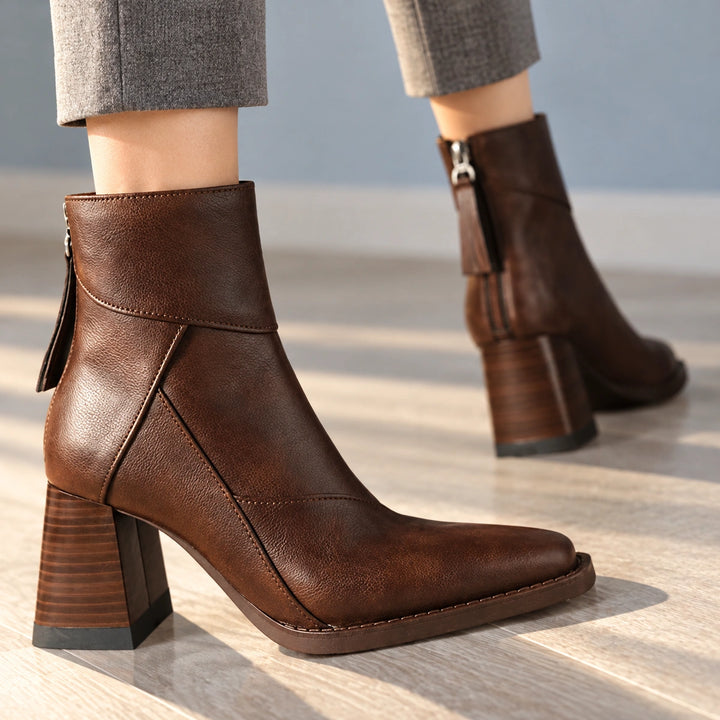 Sharon Paneled Leather Look Square Toe Booties - Espresso