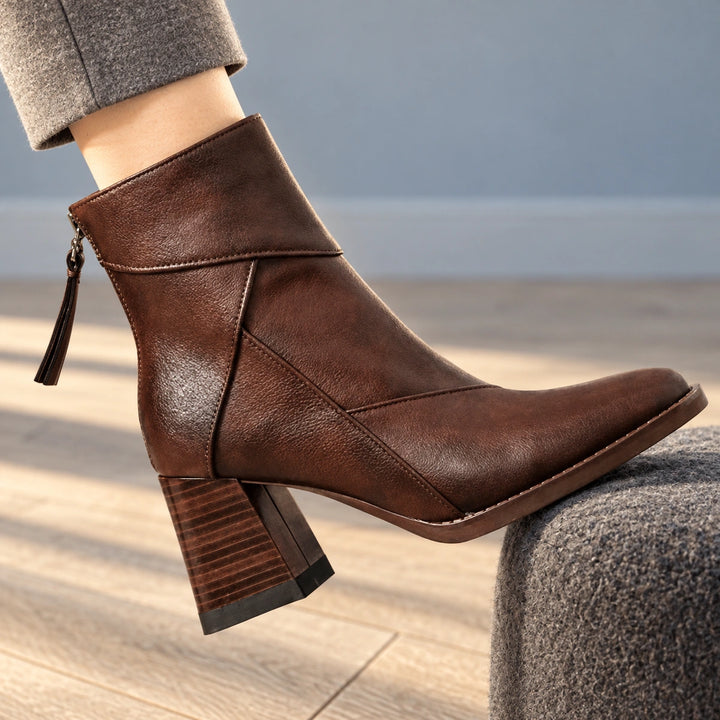 Sharon Paneled Leather Look Square Toe Booties - Espresso