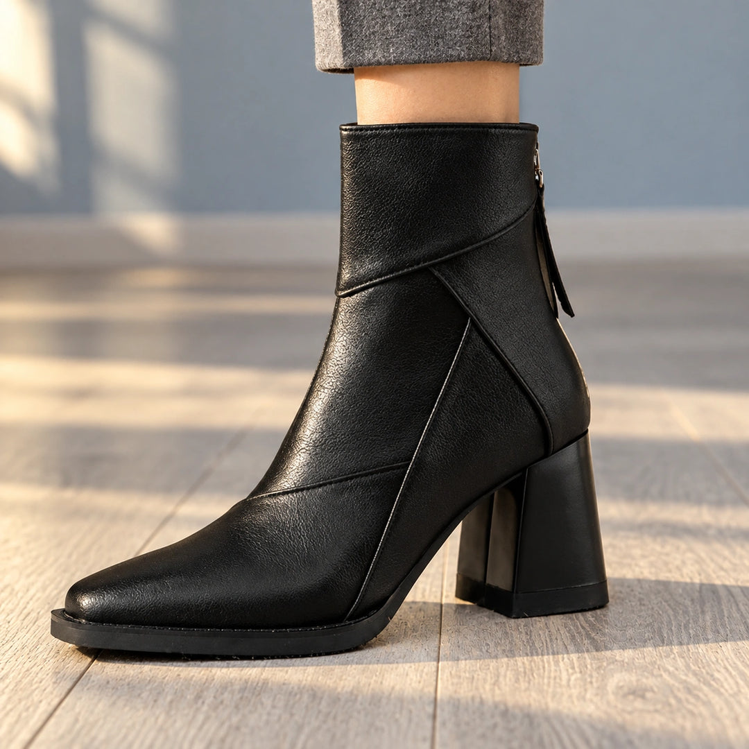 Sharon Paneled Leather Look Square Toe Booties - Midnight