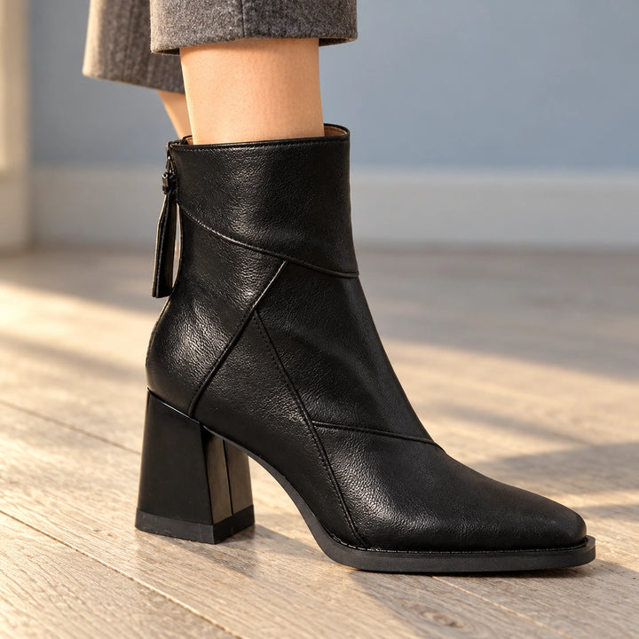 Sharon Paneled Leather Look Square Toe Booties - Midnight