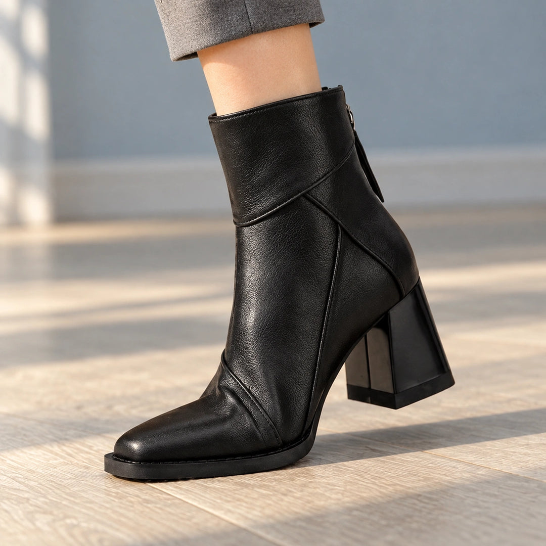Sharon Paneled Leather Look Square Toe Booties - Midnight