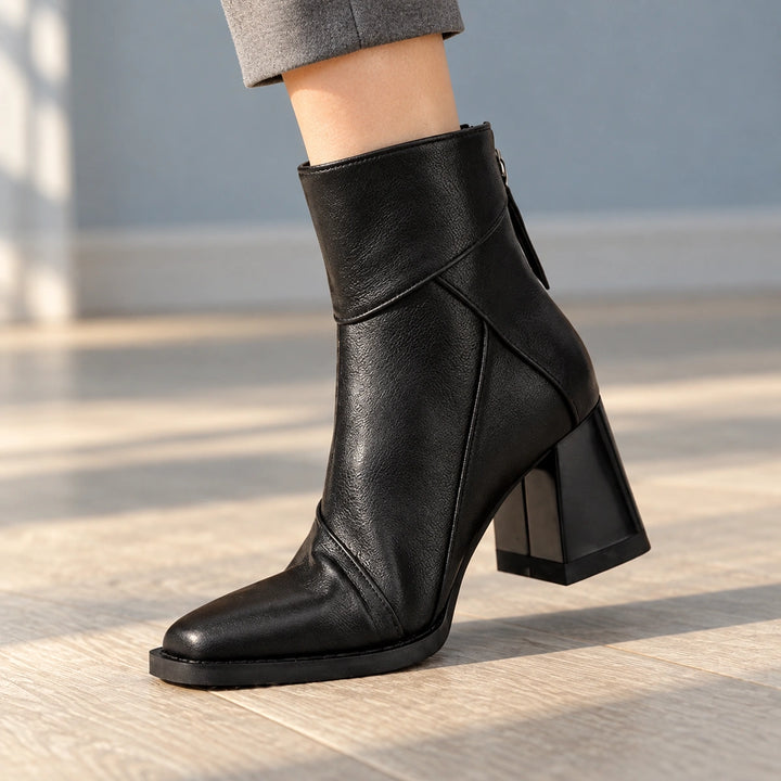 Sharon Paneled Leather Look Square Toe Booties - Midnight