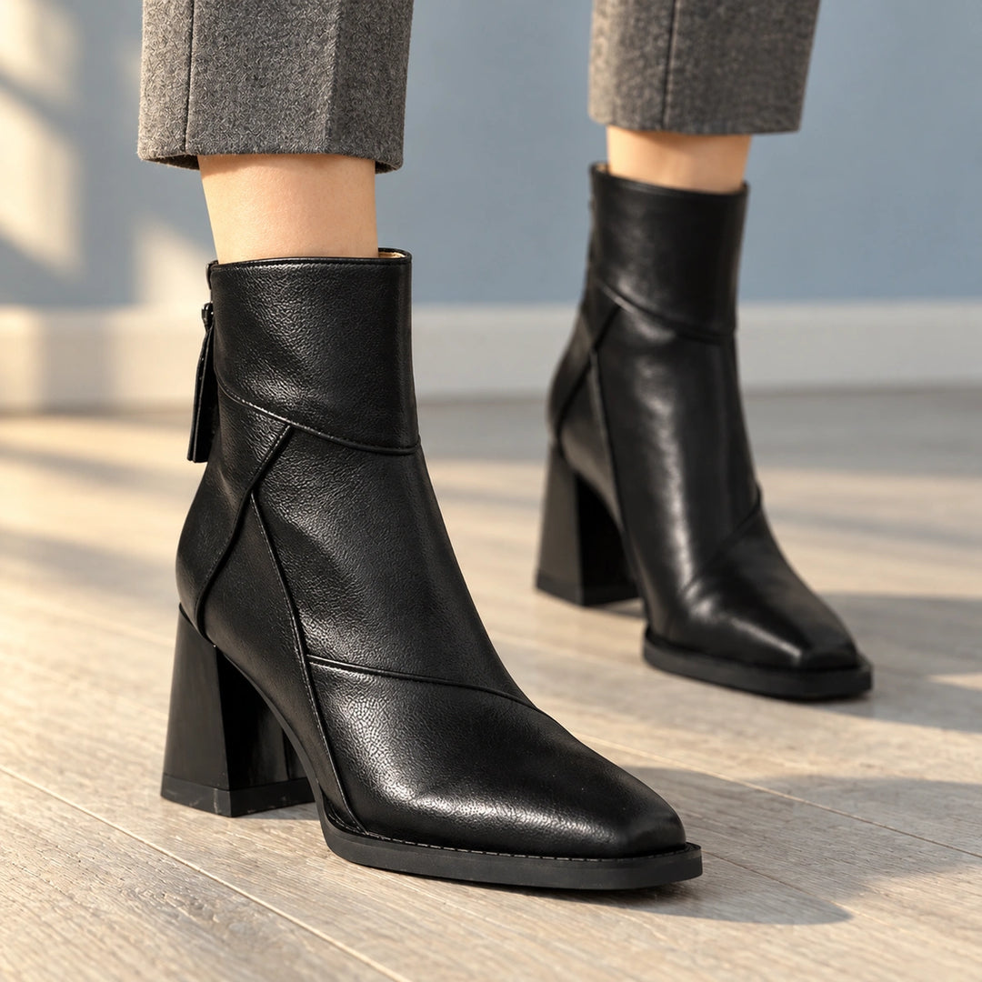 Sharon Paneled Leather Look Square Toe Booties - Midnight