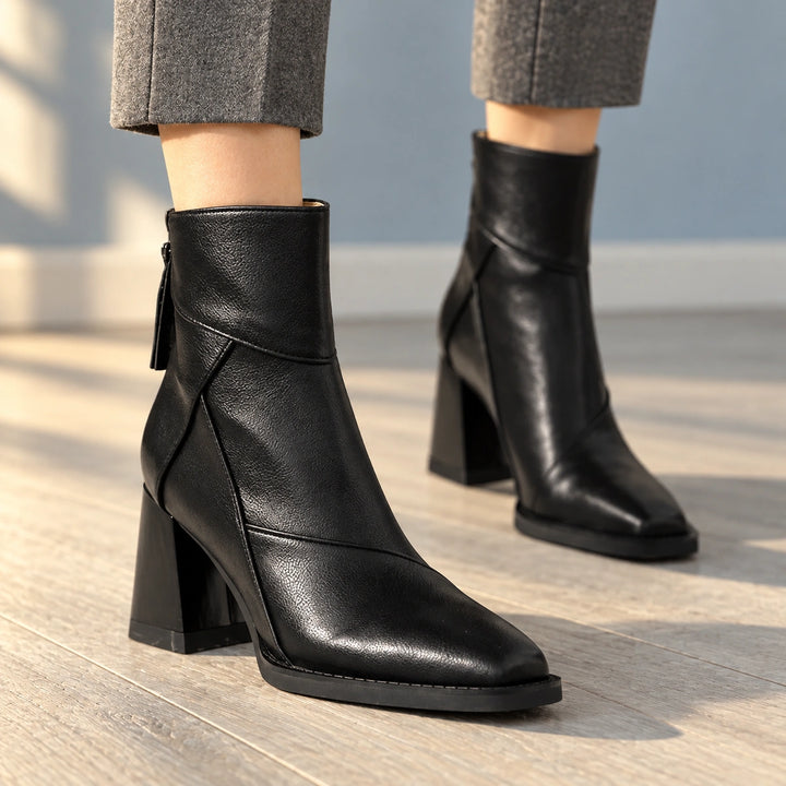 Sharon Paneled Leather Look Square Toe Booties - Midnight