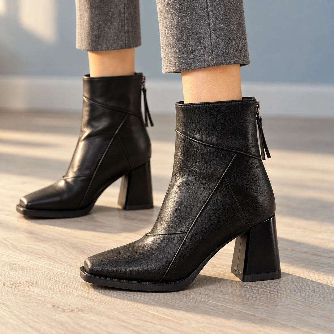 Sharon Paneled Leather Look Square Toe Booties - Midnight