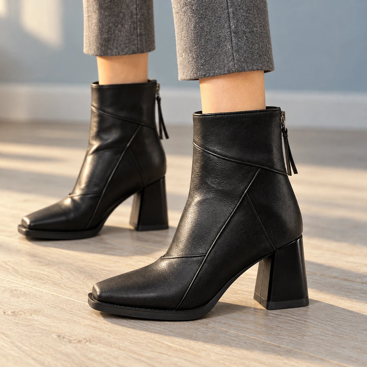Sharon Paneled Leather Look Square Toe Booties - Midnight