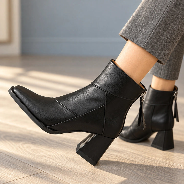 Sharon Paneled Leather Look Square Toe Booties - Midnight