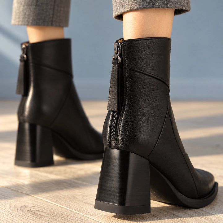 Sharon Paneled Leather Look Square Toe Booties - Midnight