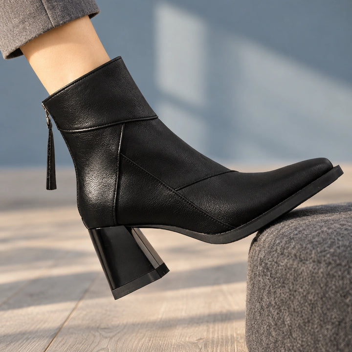 Sharon Paneled Leather Look Square Toe Booties - Midnight