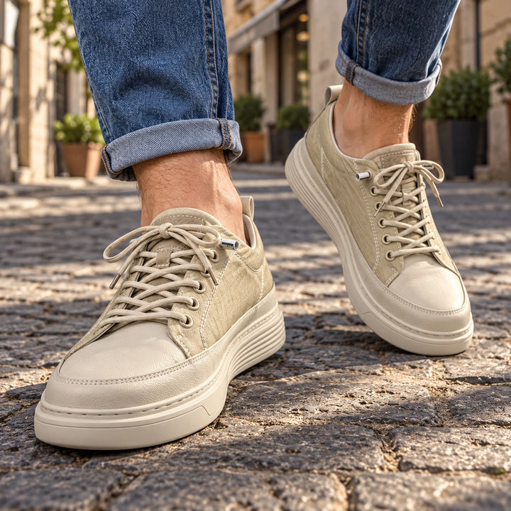 Shawn Leather Panel Elastic Lace Sneakers - Beige