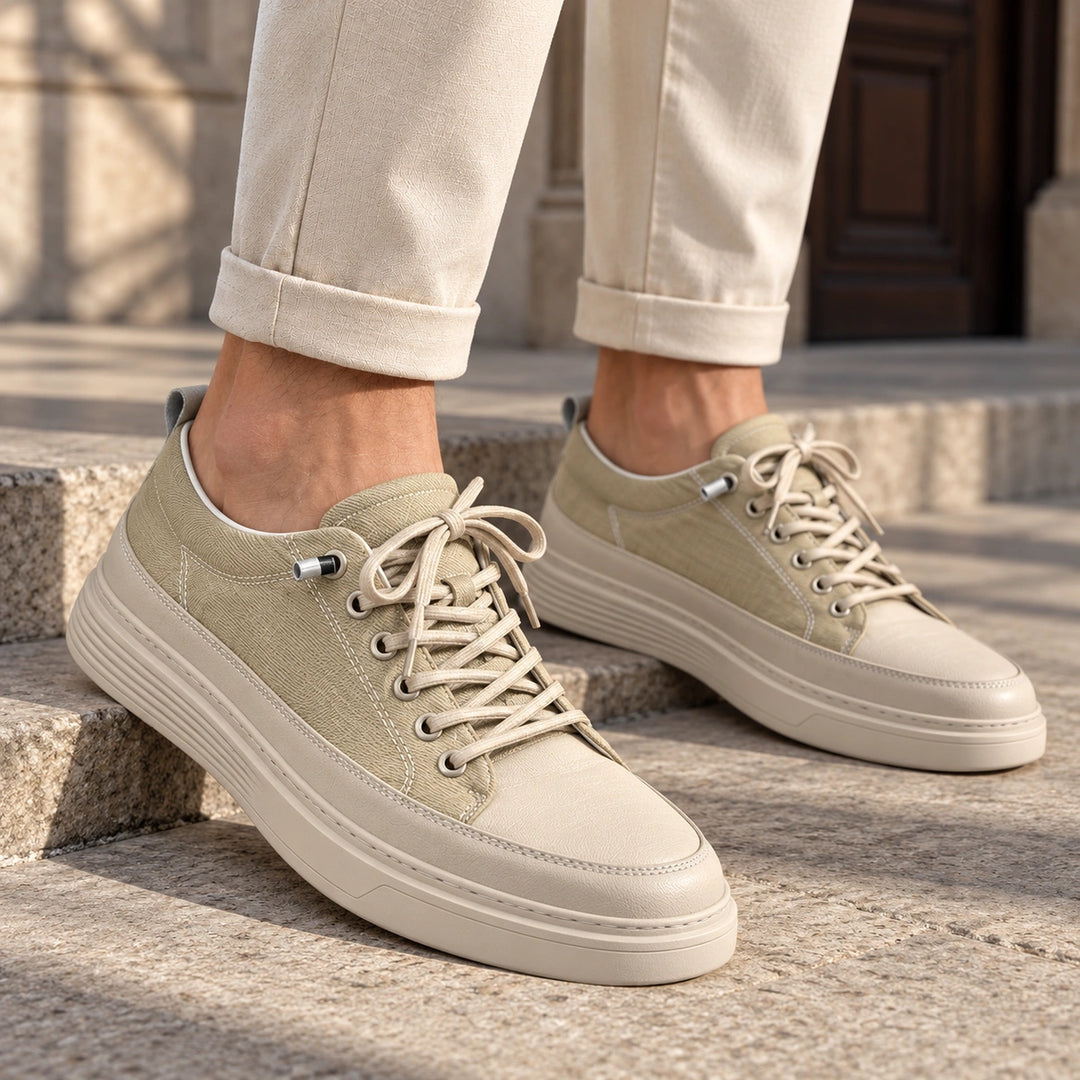 Shawn Leather Panel Elastic Lace Sneakers - Beige