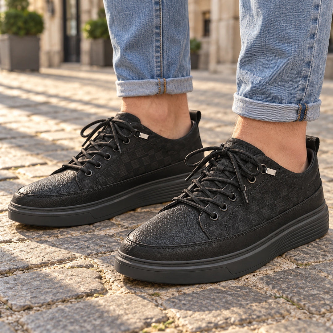 Shawn Leather Panel Elastic Lace Sneakers - Black