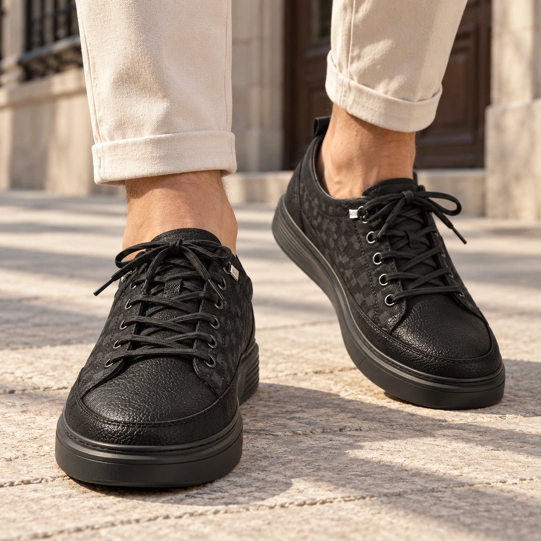 Shawn Leather Panel Elastic Lace Sneakers - Black