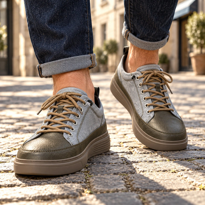 Shawn Leather Panel Elastic Lace Sneakers - Grey Olive