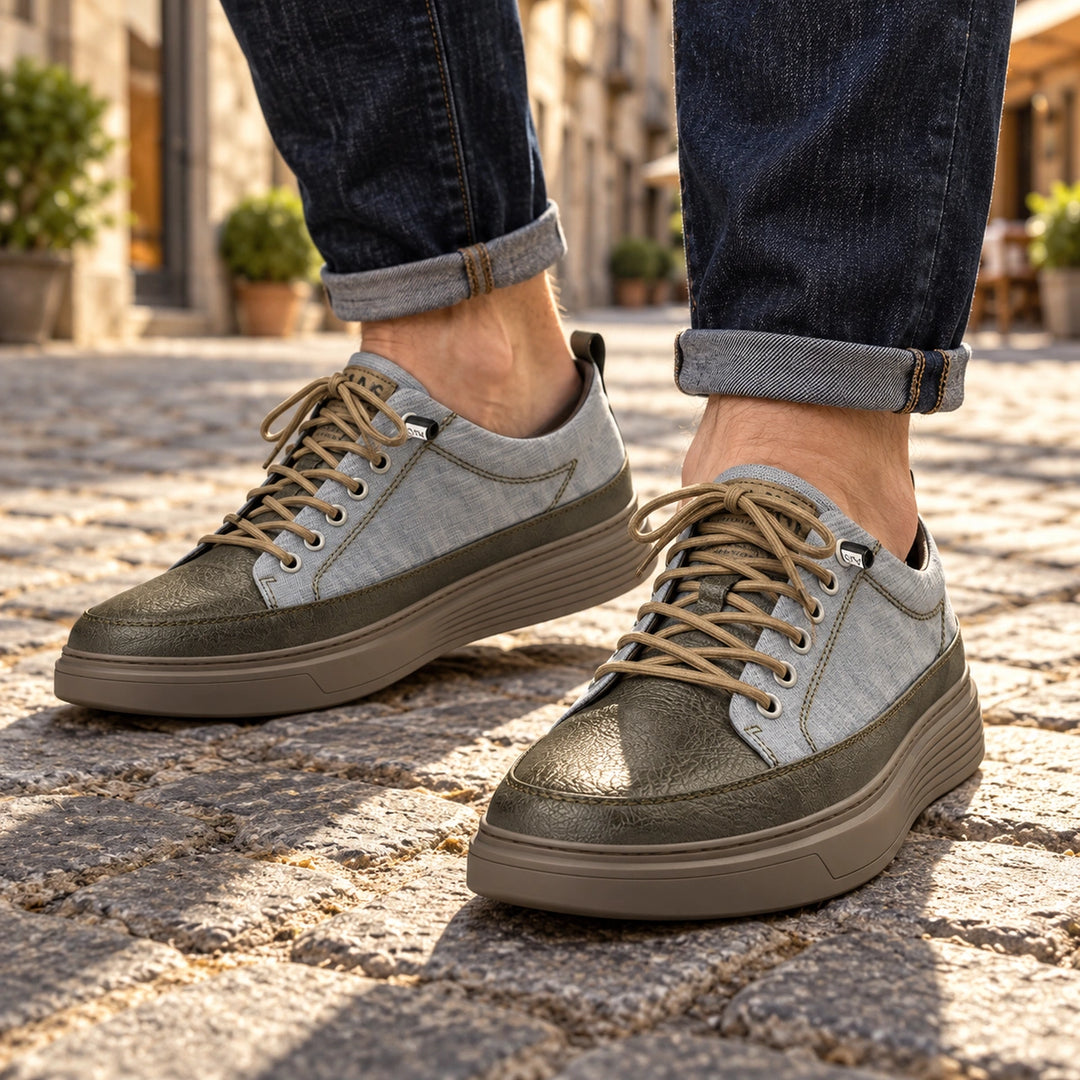 Shawn Leather Panel Elastic Lace Sneakers - Grey Olive
