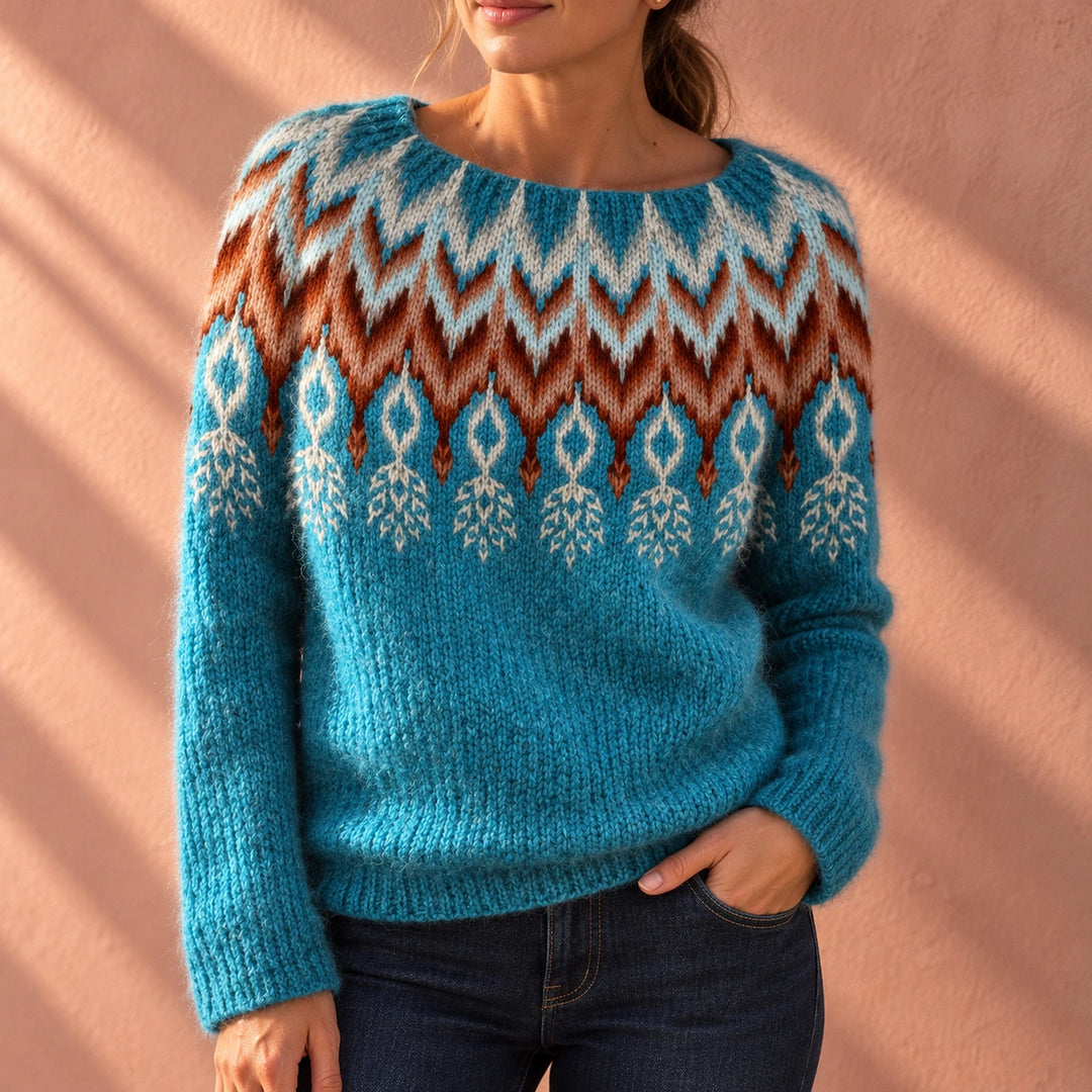 Shirley Fair Isle Yoke Crew Neck Sweater - Blue