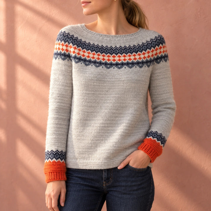 Shirley Fair Isle Yoke Crew Neck Sweater - Gray