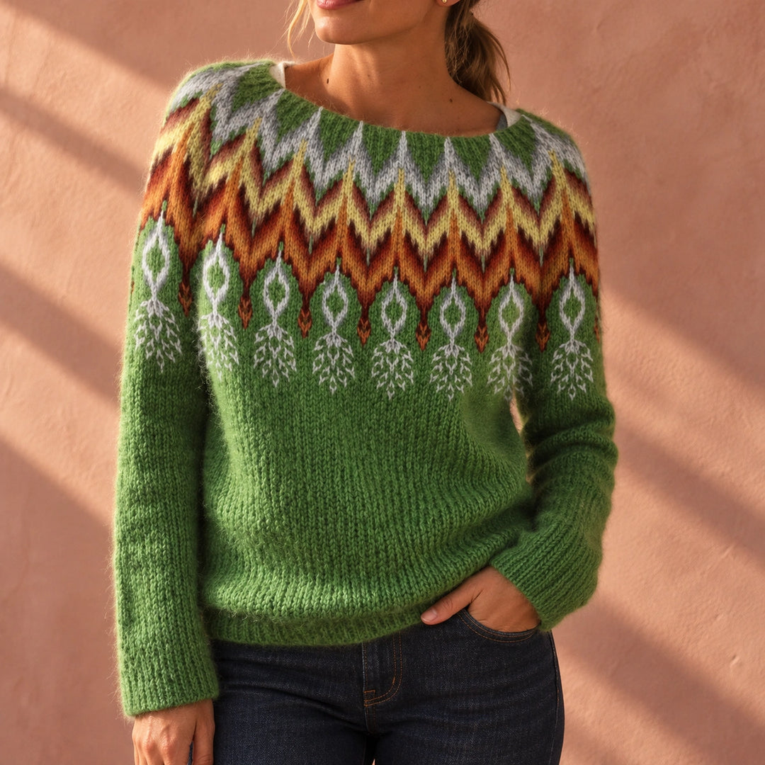 Shirley Fair Isle Yoke Crew Neck Sweater - Green