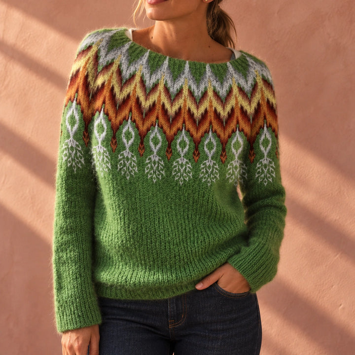 Shirley Fair Isle Yoke Crew Neck Sweater - Green