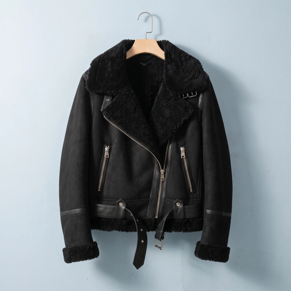 Sienna Belted Faux Shearling Aviator Jacket - Black