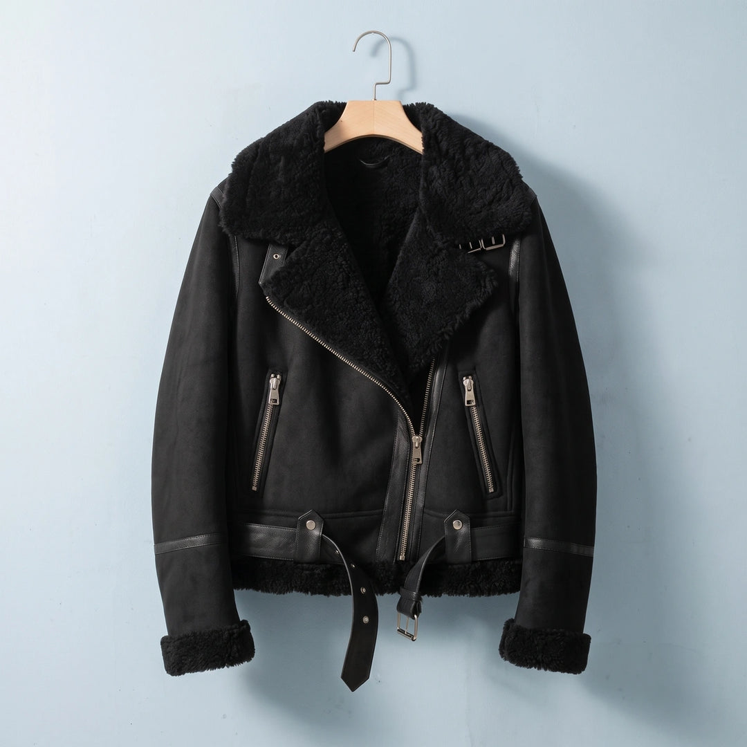 Sienna Belted Faux Shearling Aviator Jacket - Black