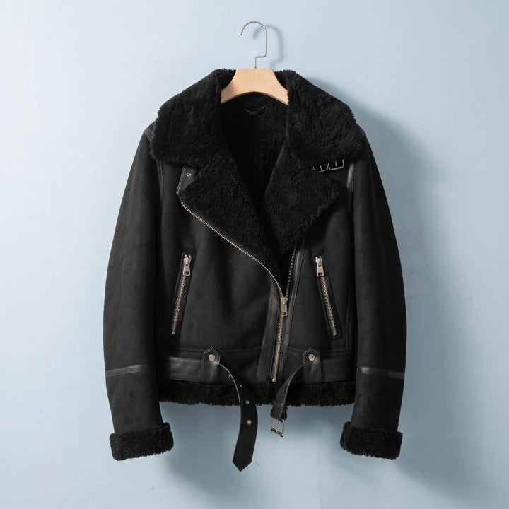 Sienna Belted Faux Shearling Aviator Jacket - Black