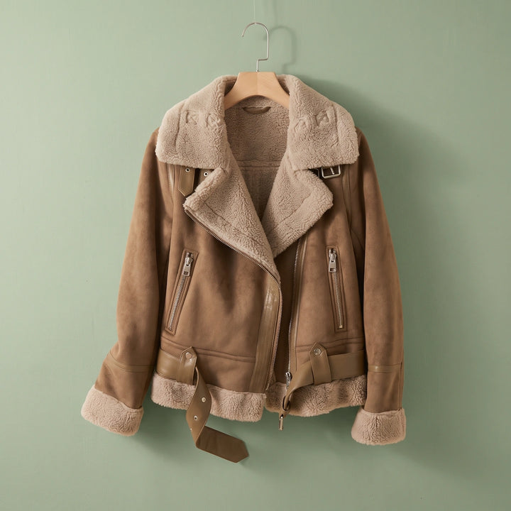 Sienna Belted Faux Shearling Aviator Jacket - Brown