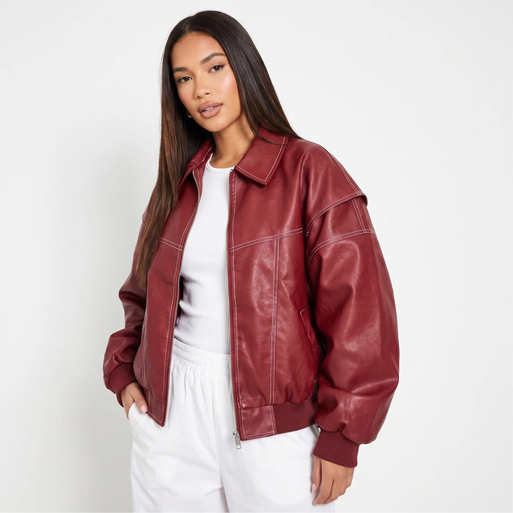 Solveig Collared Leather Bomber Jacket - Red