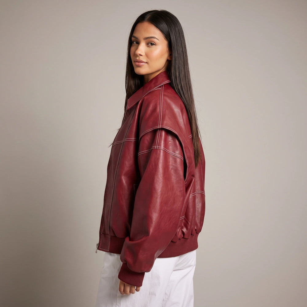 Solveig Collared Leather Bomber Jacket - Red