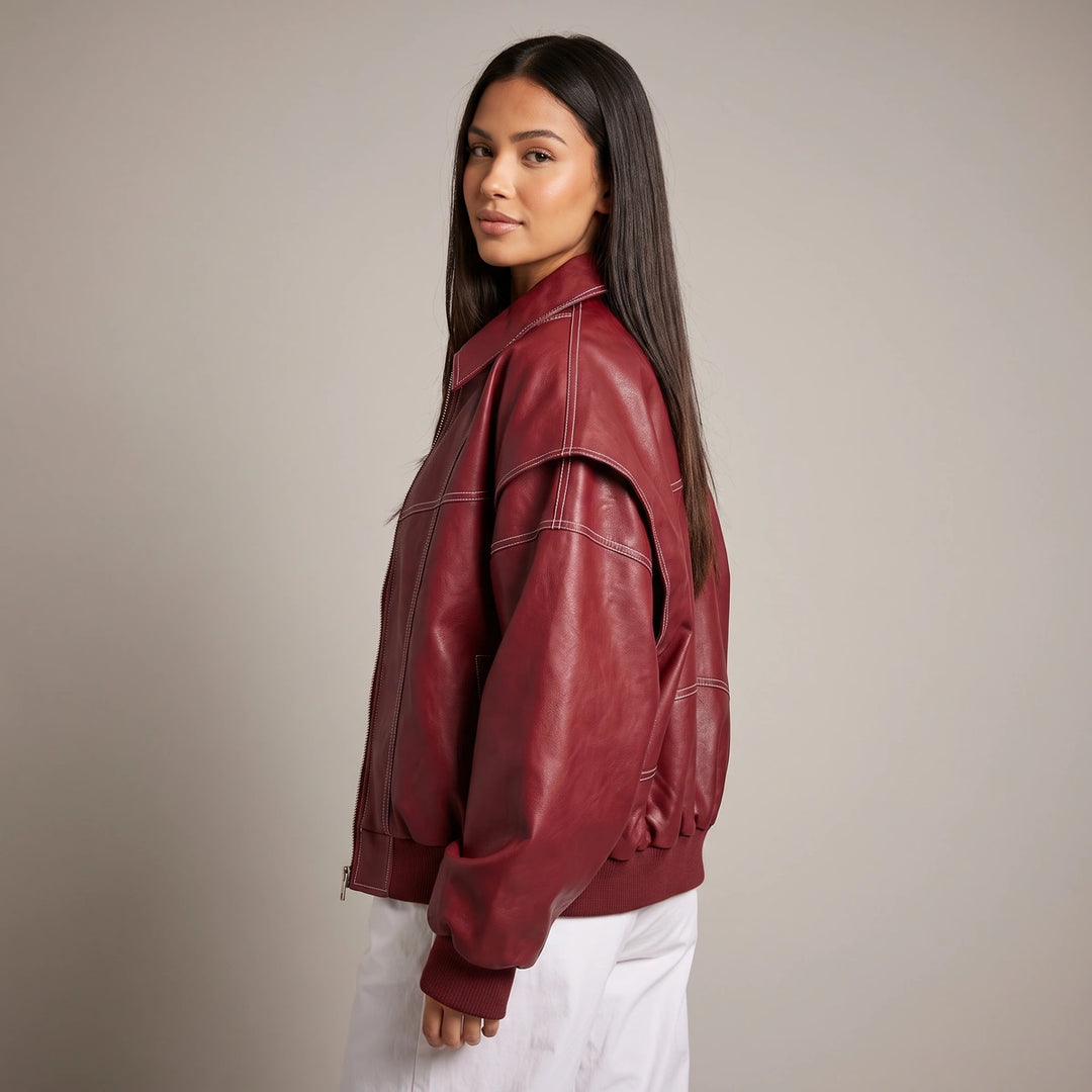 Solveig Collared Leather Bomber Jacket - Red