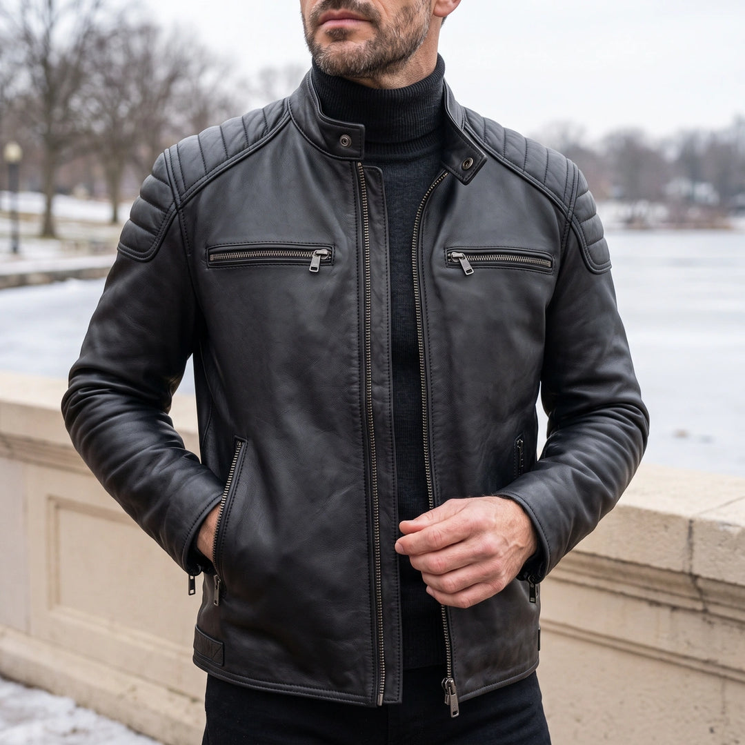 Stanislas Distressed Leather Stand Collar Moto Jacket - Black