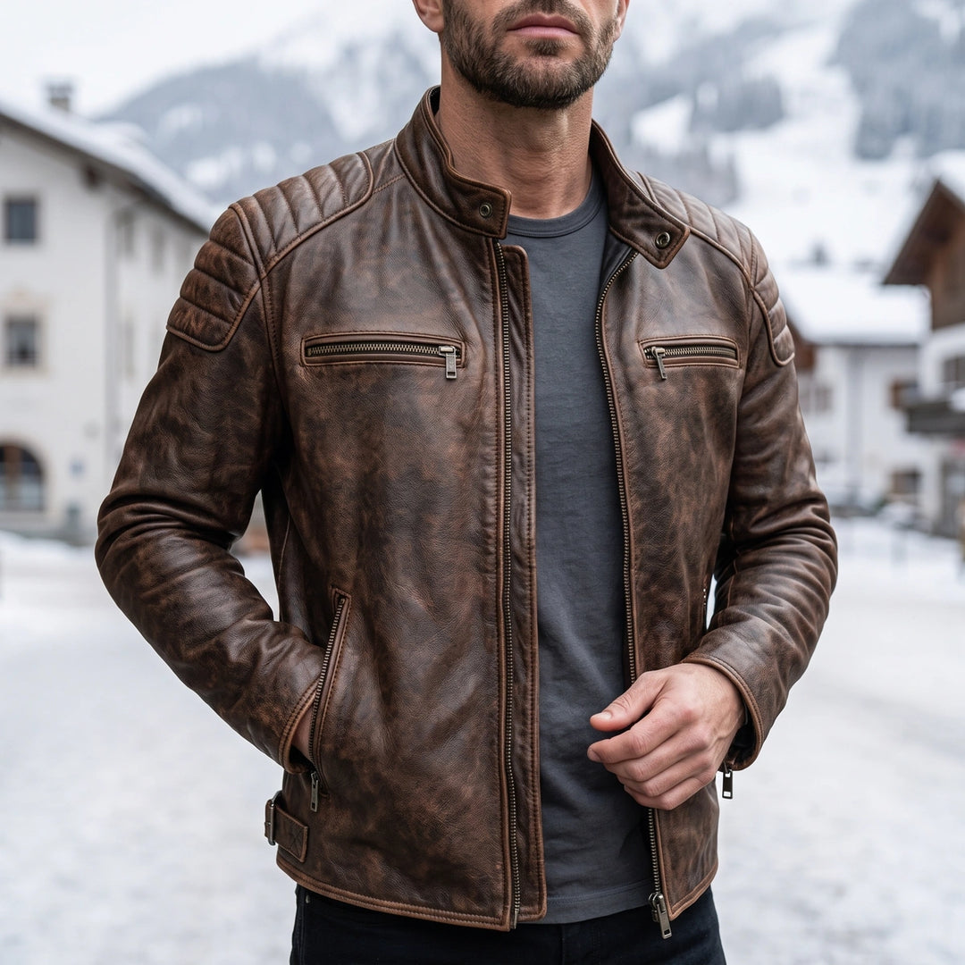 Stanislas Distressed Leather Stand Collar Moto Jacket - Brown