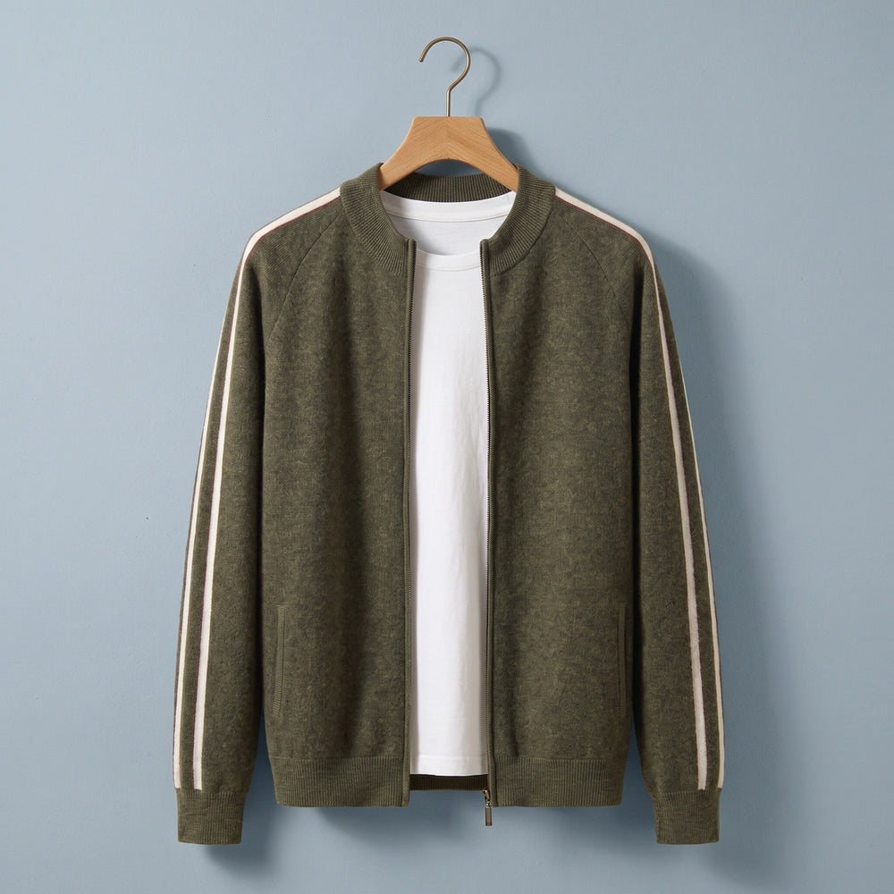 Stellan Striped Sleeve Zip Cardigan - Olive