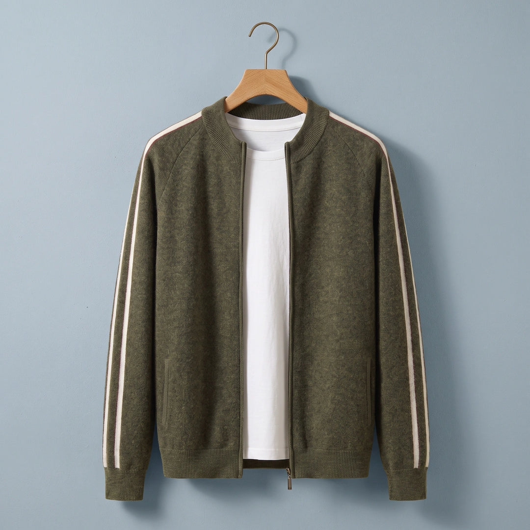 Stellan Striped Sleeve Zip Cardigan - Olive