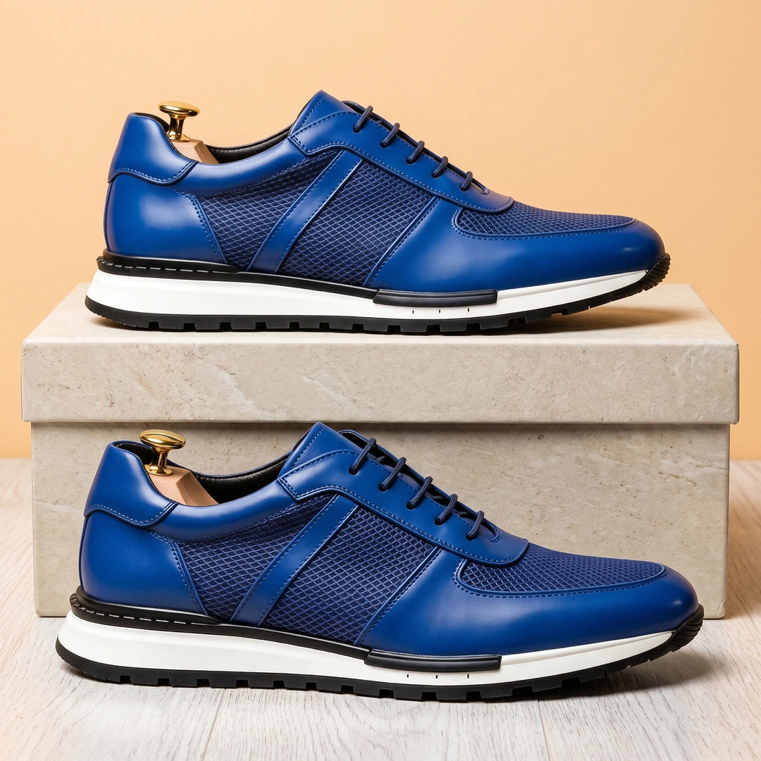 Steven Cowhide Leather Mesh Panel Sneakers - Blue