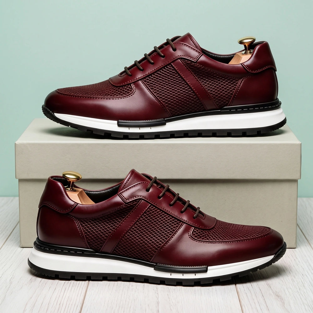 Steven Cowhide Leather Mesh Panel Sneakers - Burgundy