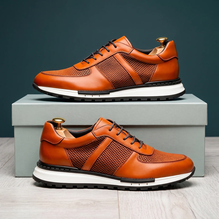 Steven Cowhide Leather Mesh Panel Sneakers - Orange Brown