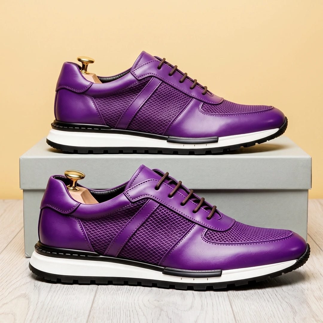 Steven Cowhide Leather Mesh Panel Sneakers - Purple