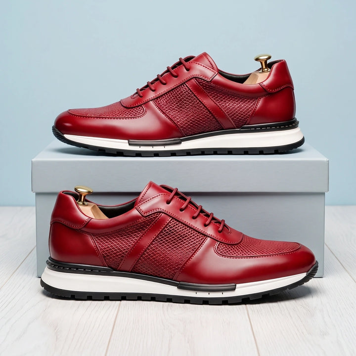 Steven Cowhide Leather Mesh Panel Sneakers - Red
