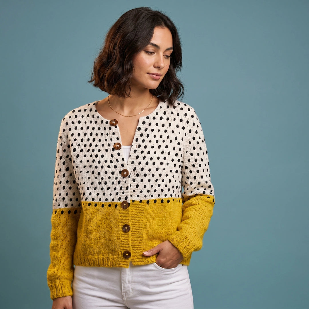 Tabitha Polka Dot Colorblock Cardigan - Off White & Yellow