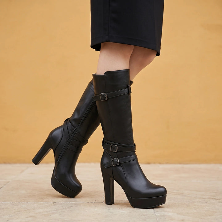 Thalia Buckle Strap Platform Boots - Black