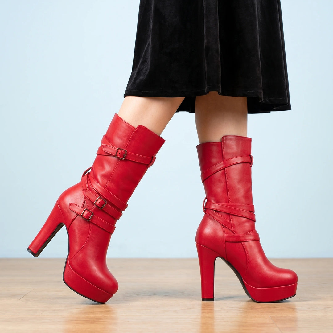Thalia Buckle Strap Platform Boots - Red
