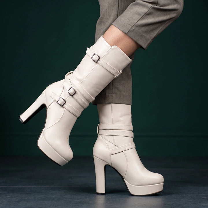 Thalia Buckle Strap Platform Boots - White
