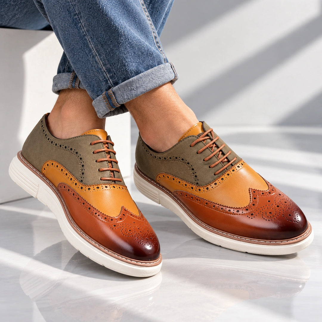 Thomas Color Block Wingtip Brogues - Brown
