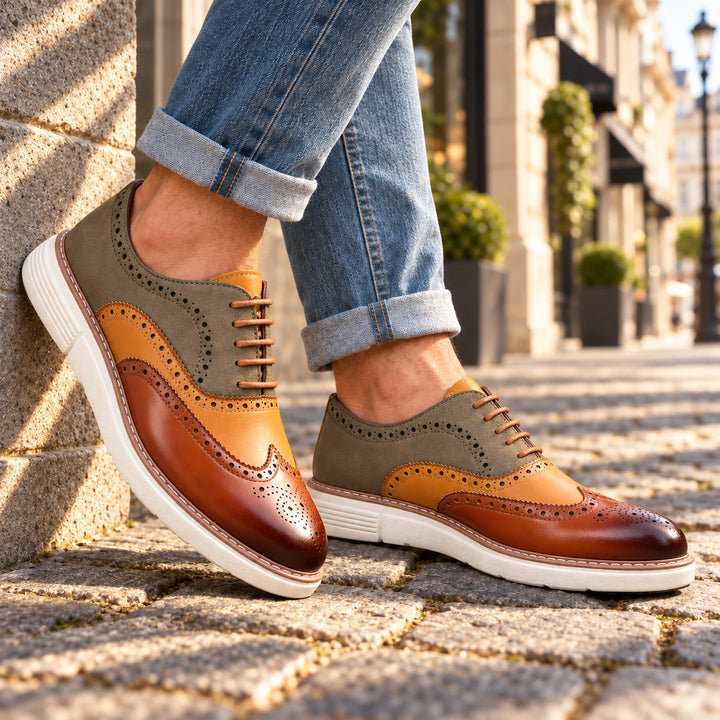 Thomas Color Block Wingtip Brogues - Brown