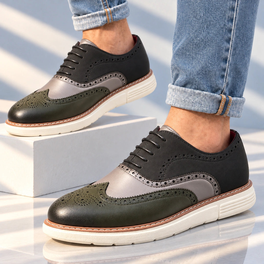 Thomas Color Block Wingtip Brogues - Dark Green