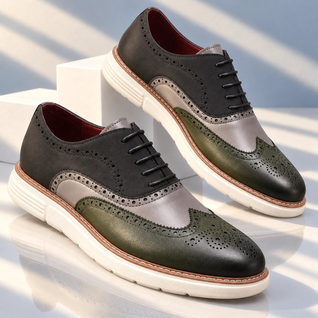 Thomas Color Block Wingtip Brogues - Dark Green