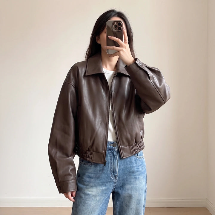 Thomasin Cropped Leather Bomber - Dark Brown